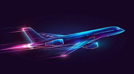 Sticker - An airliner flying at full speed is depicted against a black background with neon lights on the sides of its body