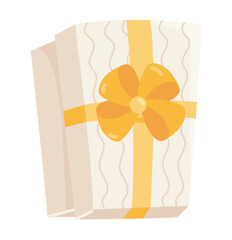 Poster - Gift box in flat design. Present in wrapping paper with orange ribbon and bow. Vector illustration isolated.