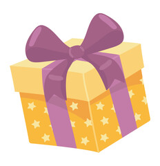 Poster - Gift box in flat design. Present in orange wrapping paper with stars and bow. Vector illustration isolated.