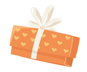 Poster - Gift box in flat design. Orange present package with hearts pattern and bow. Vector illustration isolated.