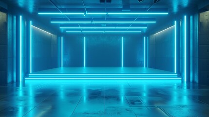 Wall Mural - Three-dimensional rendering of an empty futuristic stage with concrete walls and a neon blue color. An empty stage for a futuristic sci-fi film.