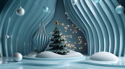 Poster - 3D abstract composition with Christmas tree and stage for product display.
