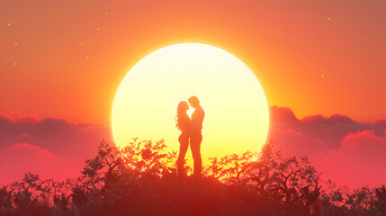 Wall Mural - Romantic Couple 3D Icon at Sunset: Cartoony Love in Golden Pink Hues