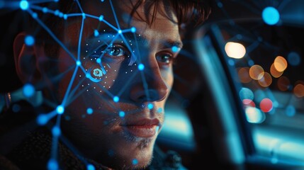 Fototapete - This is the future. Face Detection. Technological 3D Scanning. Biometric Facial Recognition. Face Id. This is the future. Technological Scanning of the Face of A Handsome Caucasian Man in a Car for