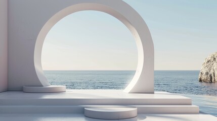Fototapete - A geometrical shape with a podium in natural daytime light. A minimal landscape background. A sea view in summer. 3D render background.