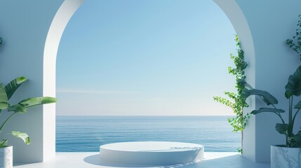 Fototapete - A geometrical form with a podium framed by a minimal landscape background. A sea view. A summer scene. A 3D rendered background.
