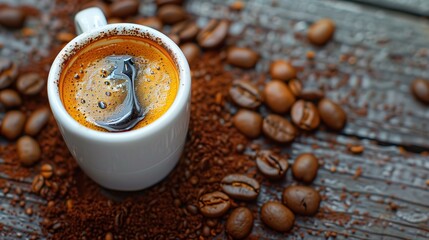 Wall Mural - Coffee addict, cup of coffee, saucer mug latte addiction focus on foreground