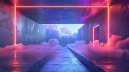 Poster - 3D rendering of futuristic sci-fi modern empty stage. Reflective concrete room with glowing neon and clouds.