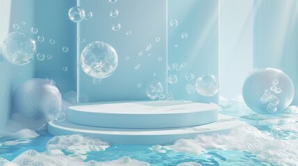Leinwandbilder - Background with bubbles for cosmetic product presentation. Abstract 3D seascape scene.