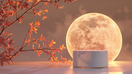 Fototapete - Chinese Mid Autumn festival background with abstract cylinder box and full moon. 3D rendered.