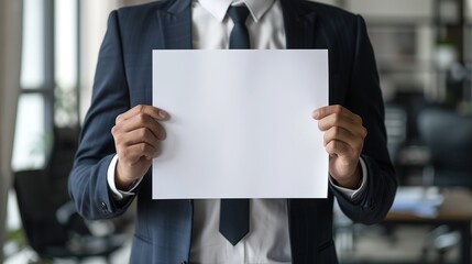 A businessman is holding a blank A4 paper isolated on office background