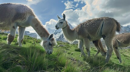 Wall Mural - Llamas grazing in mountain pasture, close up, soft fur and curious eyes, high altitude setting 