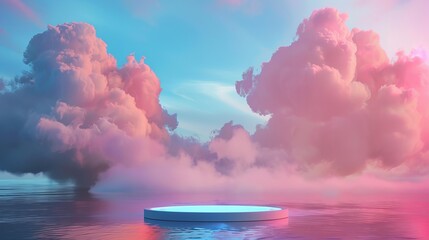 Poster - Backdrop with romantic 3D seascape scene and dreamy cloud background. Natural beauty podium backdrop.