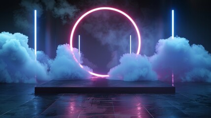 Poster - Three-dimensional rendering of futuristic black and white stage with glowing neon circle shapes and clouds.