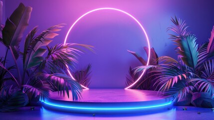 Leinwandbilder - Stunning beauty fashion podium backdrop with neon light, palm leaves, and tropical vegetation. A 3D render.
