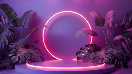 Leinwandbilder - A podium backdrop with neon lights and tropical palm leaves for a beauty fashion show. 3D model.