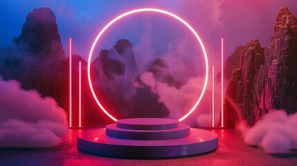 Poster - Three-dimensional rendering of a Chinese background with a podium and neon lights for displaying products.