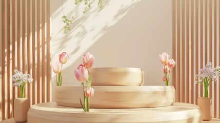 Poster - Product presentation podium backdrop with spring flowers. 3D rendering.