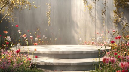 Poster - A natural beauty podium backdrop with spring flower fields. 3D rendering...