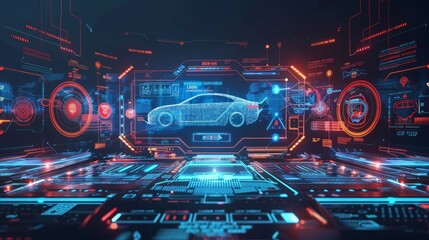 Wall Mural - In a HUD-style UI, holograms depict futuristic car technology. Data analysis, scanning, and a Virtual Graphical Interface showcase. Illustration in modern.