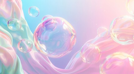 Leinwandbilder - Fashion backdrop with cream liquid blobs. Soap bubbles. 3D soft pastel gradient balls.