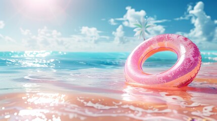 Poster - A summer beach scene with holographic inflatable rings floating in the water. 3D rendering.