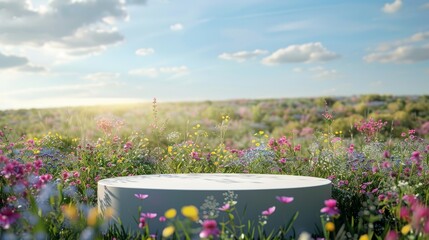 Poster - Three-dimensional rendering of natural beauty podium backdrop with spring flower fields...