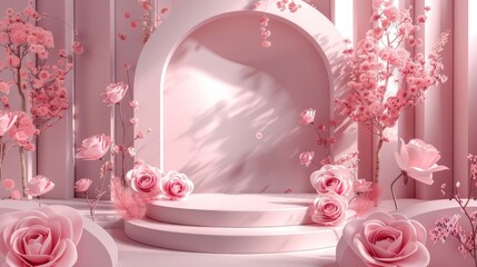 Poster - A pink rose flower stands on a natural beauty podium backdrop. This is a 3D render.