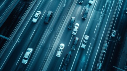 Poster - An aerial drone shot of autonomous self-driving cars being driven on a freeway in a city. The concept is: Artificial Intelligence monitors and tracks cars and pedestrians, following their movements