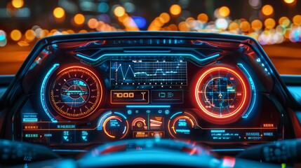 Fototapete - A smart car interface on the HUD. Electronic digital scoreboard with network settings for a passenger vehicle.