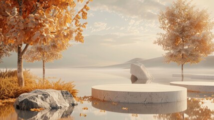 Poster - Three-dimensional rendering of an abstract autumn landscape with a podium for displaying products.