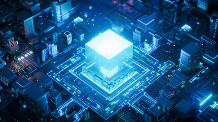 Poster - View of a fantasy cityscape with blue glowing lights and white square in the center