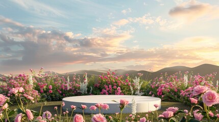 Poster - A natural beauty podium backdrop with a spring rose flower field scene. 3D rendering...