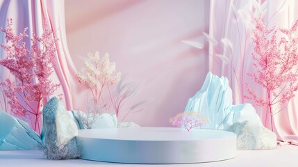 Poster - A 3D rendering of a beauty fashion podium backdrop with pastel stones and iridescent florals.