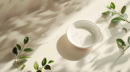 Leinwandbilder - An artificial water droplet on a floor with foliage shadows is used as a background for displaying products. Top view. Flat lay.