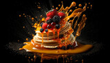 Fototapeta Lawenda - pile of pancakes with honey and berries on a black background. Generative AI,