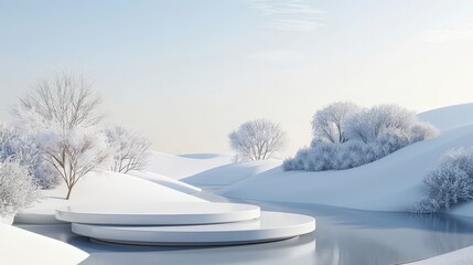 Poster - The image depicts an abstract winter landscape with a podium for product display. The scene has been rendered in 3D.