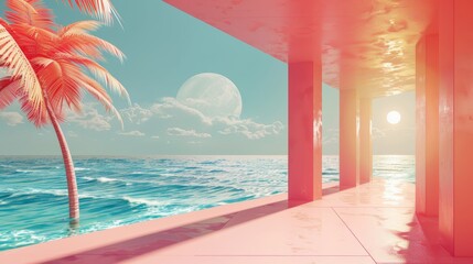 Leinwandbilder - An abstract summer landscape scene with geometric forms, spanning from the ocean to the beach. A 3d rendering.....