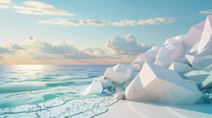 Leinwandbilder - An abstract summer landscape scene with geometric forms. Beach scene on the ocean in 3D...