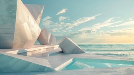 Leinwandbilder - The scene of an abstract summer landscape with geometric forms. View of the ocean. 3d rendering.......