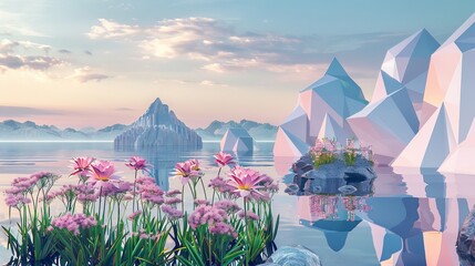 Leinwandbilder - Abstract spring summer landscape scene with geometric form. Lake and flower view in 3D.
