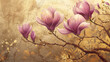 Beautiful purple pink magnolia flower on beige decorative background with gold accents as wallpaper illustration, Elegant Purple Pink Flower	
