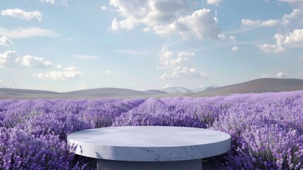 Canvas Print - 3D rendering of a natural beauty podium backdrop with lavender fields.