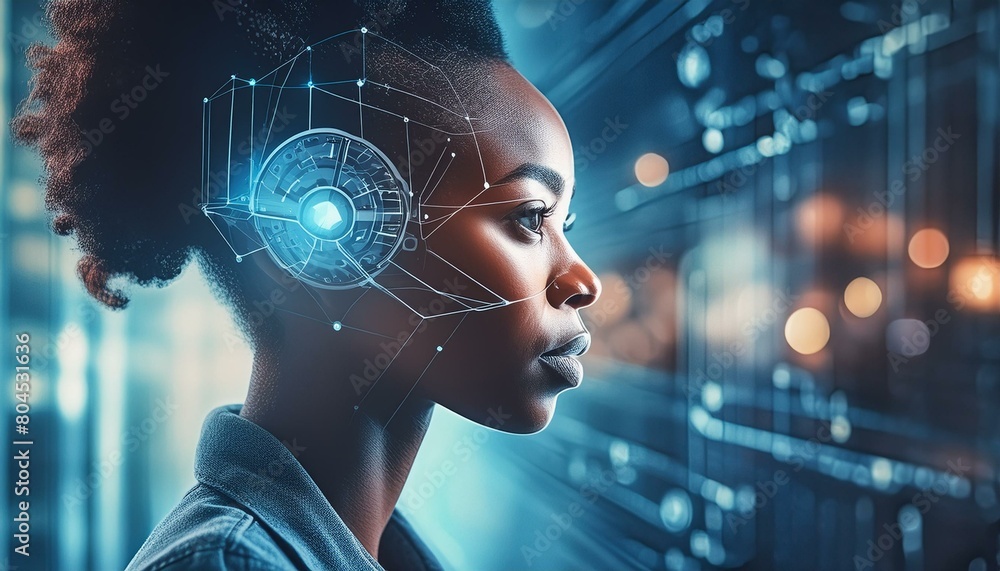 AI cyber security threat illustration, black african american female IT ...