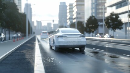 Sticker - A self-driving 3D car moving along a city highway. Sensors scanning the road ahead for vehicles, hazards, and speed limits. Day urban driveway. Front view.