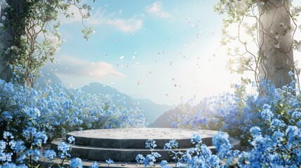 Poster - Three-dimensional rendering of a natural beauty podium backdrop with spring blue flowers landscape scene.