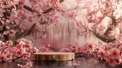 Poster - This podium backdrop is a natural beauty scene with spring sakura cherry blossoms. It is rendered in 3D....