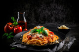 Fototapeta Lawenda - Spaghetti classic Italian pasta with tomatoes and cheese. Generative AI,