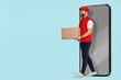 © New Africa - Courier with parcel walking out from huge smartphone on light blue background. Delivery service. Space for text