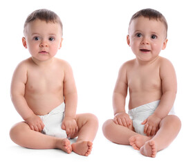 Canvas Print - Portrait of cute twin babies on white background